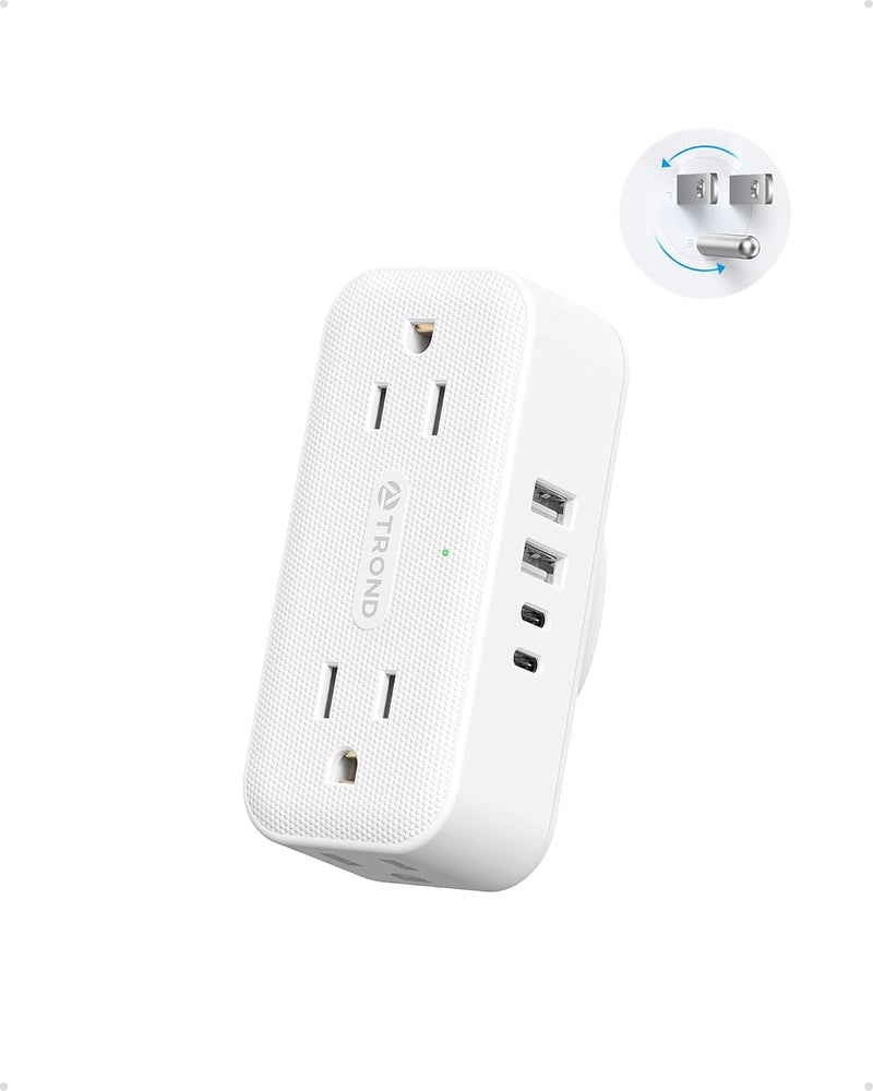 TROND Outlet Extender with 360 Rotating Plug, Plug Adapter with 4 Electrical Sockets and 4 USB Ports, 900 Joules Surge Protection, 3 Way Outlet Splitter for Home Office Travel, White - Image 1